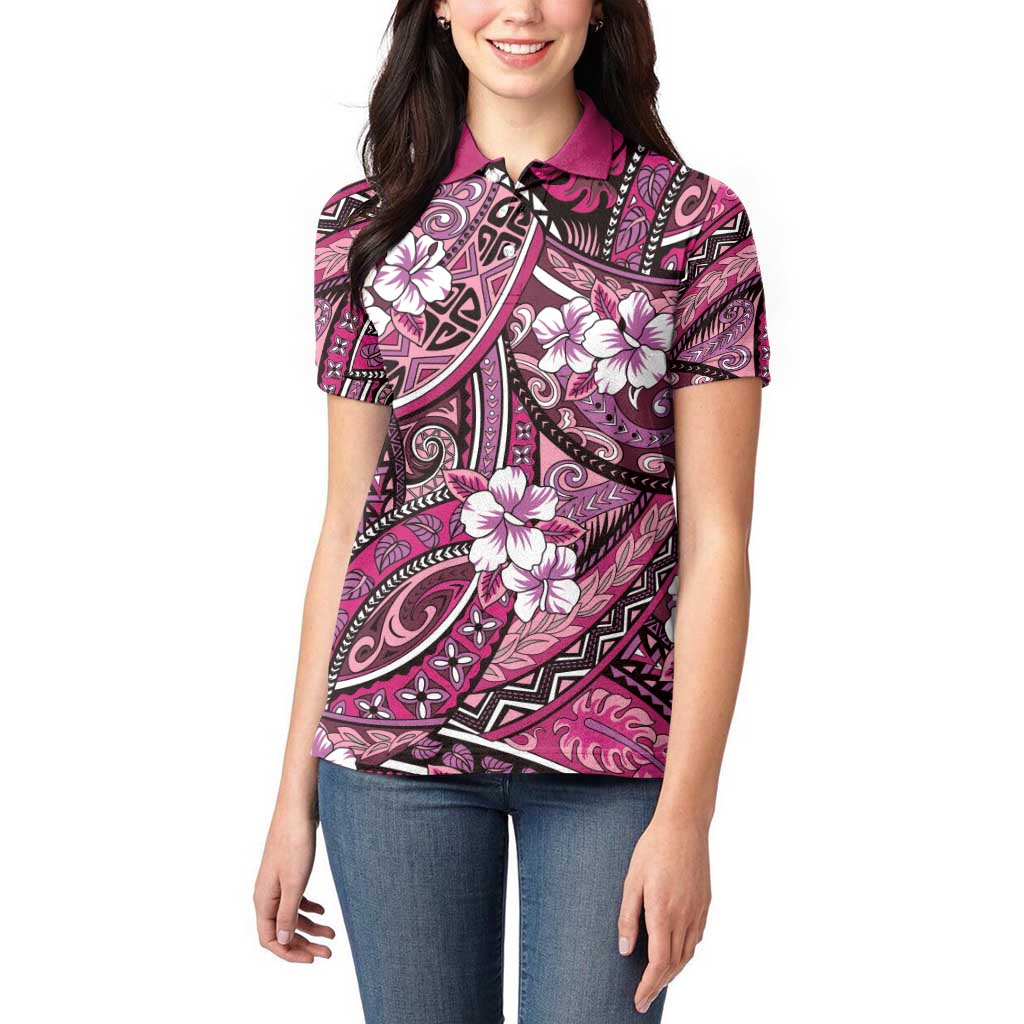 Polynesian Hibiscus Tropical Pink Floral Women Polo Shirt Tribal Pattern LT01 - Polynesian Pride