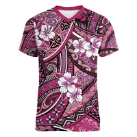 Polynesian Hibiscus Tropical Pink Floral Women V-Neck T-Shirt Tribal Pattern - Polynesian Pride