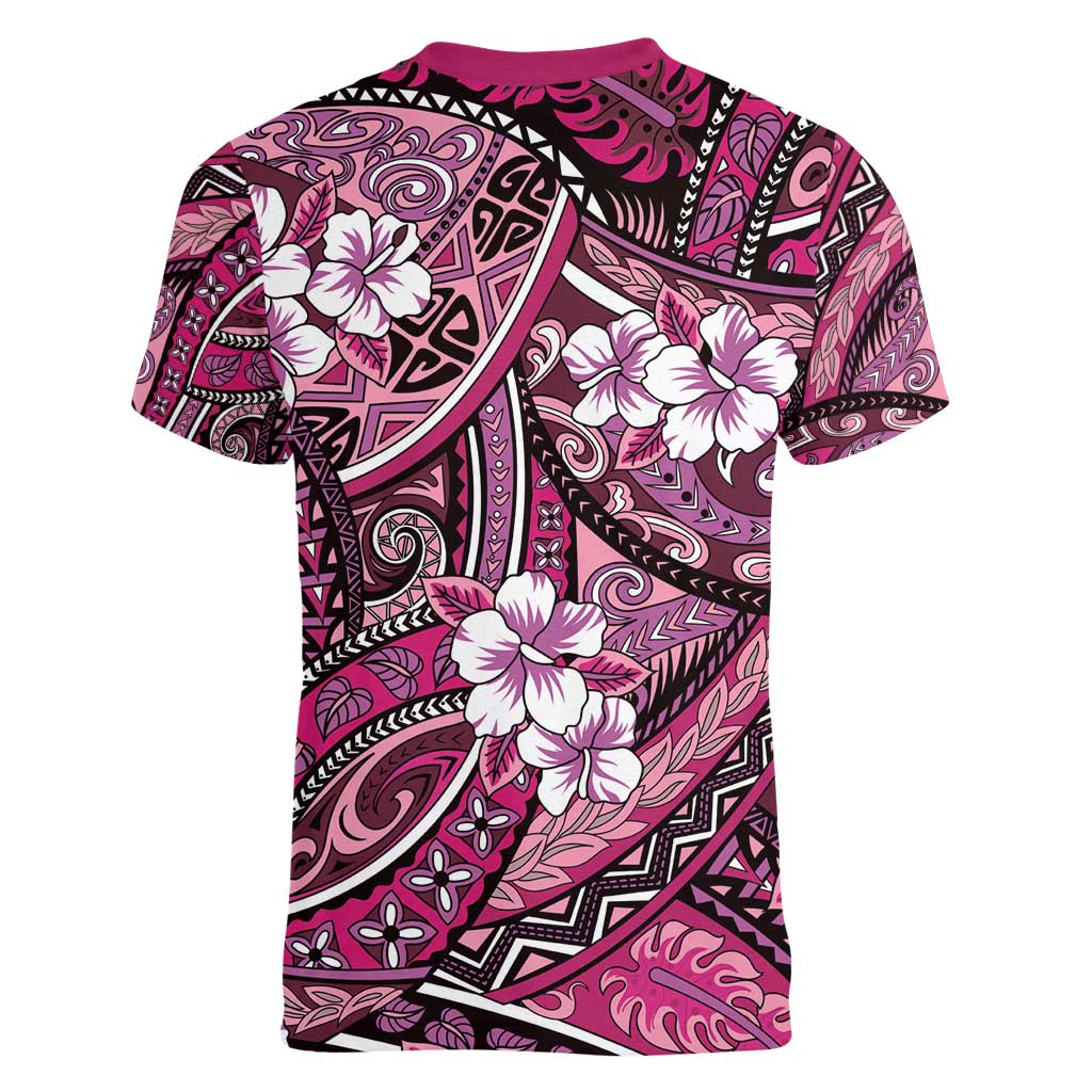 Polynesian Hibiscus Tropical Pink Floral Women V-Neck T-Shirt Tribal Pattern - Polynesian Pride