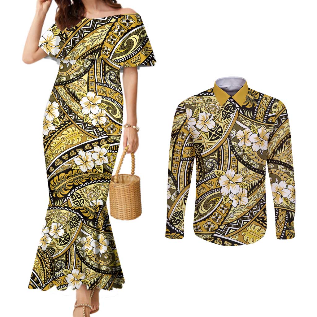 Polynesian Hibiscus Tropical Yellow Floral Couples Matching Mermaid Dress and Long Sleeve Button Shirt Tribal Pattern LT01 Yellow - Polynesian Pride