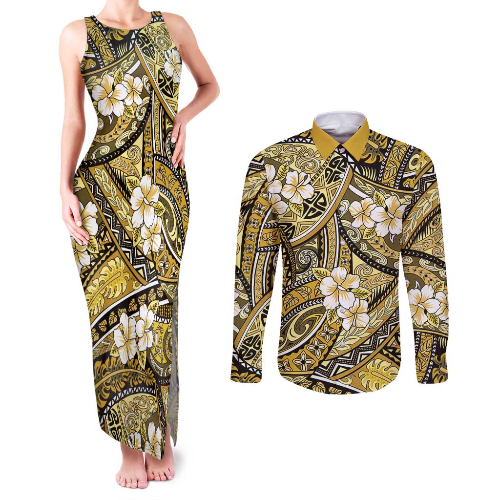 Polynesian Hibiscus Tropical Yellow Floral Couples Matching Tank Maxi Dress and Long Sleeve Button Shirt Tribal Pattern LT01 Yellow - Polynesian Pride