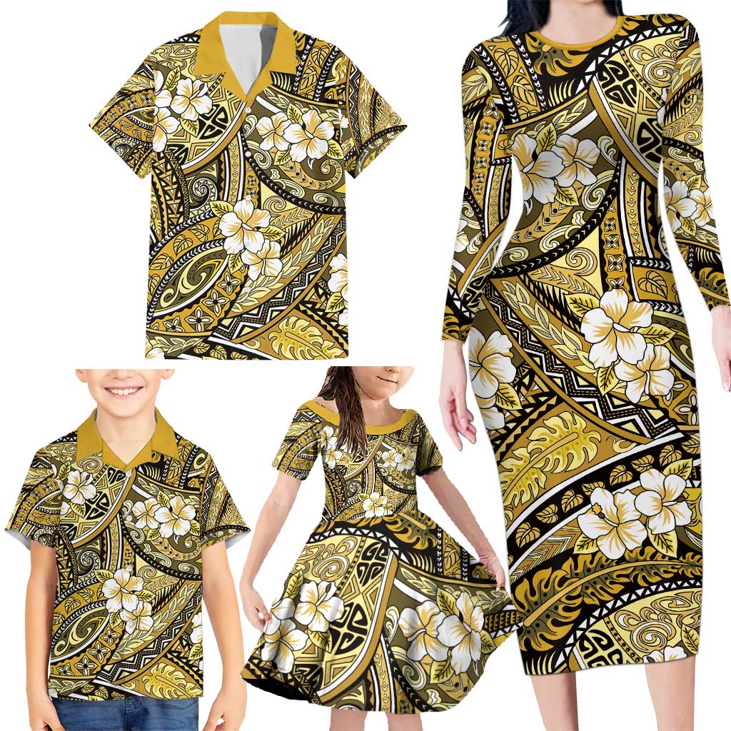 Polynesian Hibiscus Tropical Yellow Floral Family Matching Long Sleeve Bodycon Dress and Hawaiian Shirt Tribal Pattern LT01 - Polynesian Pride