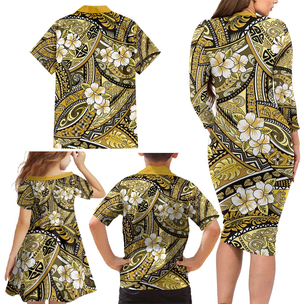 Polynesian Hibiscus Tropical Yellow Floral Family Matching Long Sleeve Bodycon Dress and Hawaiian Shirt Tribal Pattern LT01 - Polynesian Pride