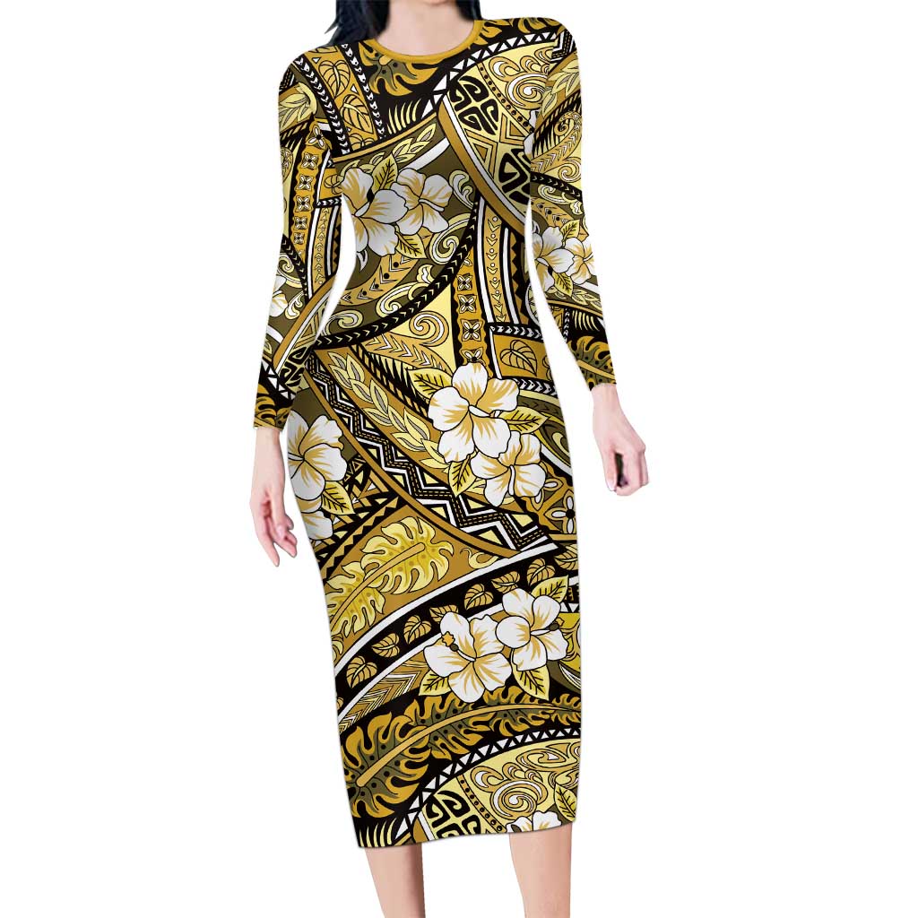 Polynesian Hibiscus Tropical Yellow Floral Family Matching Long Sleeve Bodycon Dress and Hawaiian Shirt Tribal Pattern LT01 Mom's Dress Yellow - Polynesian Pride