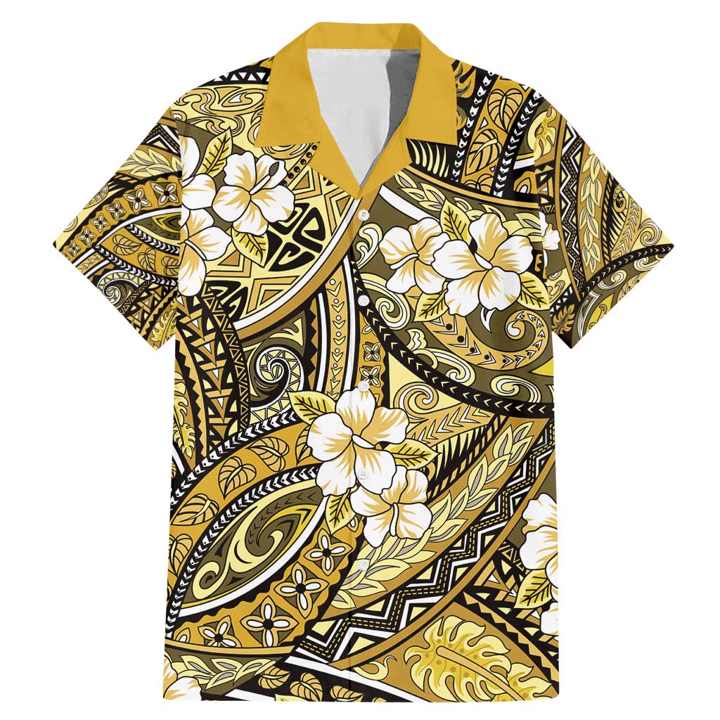 Polynesian Hibiscus Tropical Yellow Floral Family Matching Mermaid Dress and Hawaiian Shirt Tribal Pattern LT01 Dad's Shirt - Short Sleeve Yellow - Polynesian Pride