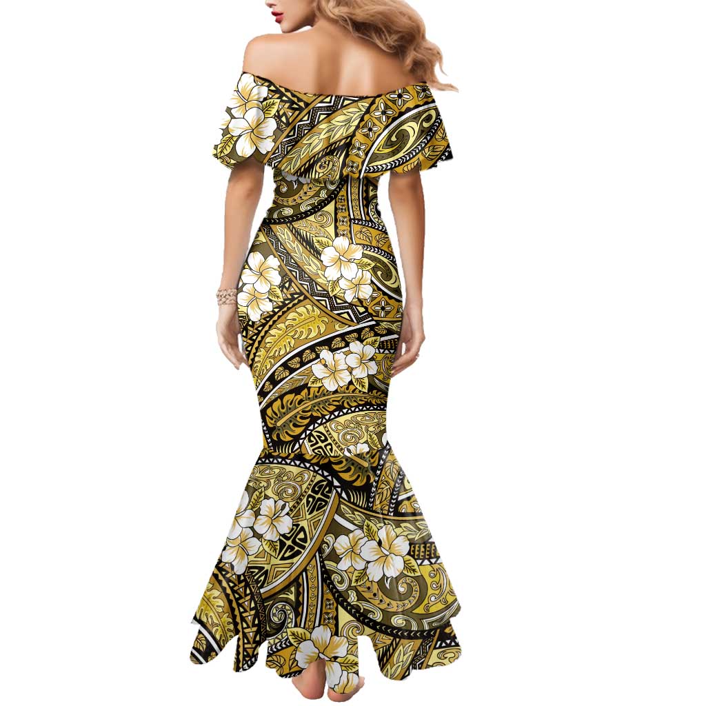 Polynesian Hibiscus Tropical Yellow Floral Family Matching Mermaid Dress and Hawaiian Shirt Tribal Pattern LT01 - Polynesian Pride
