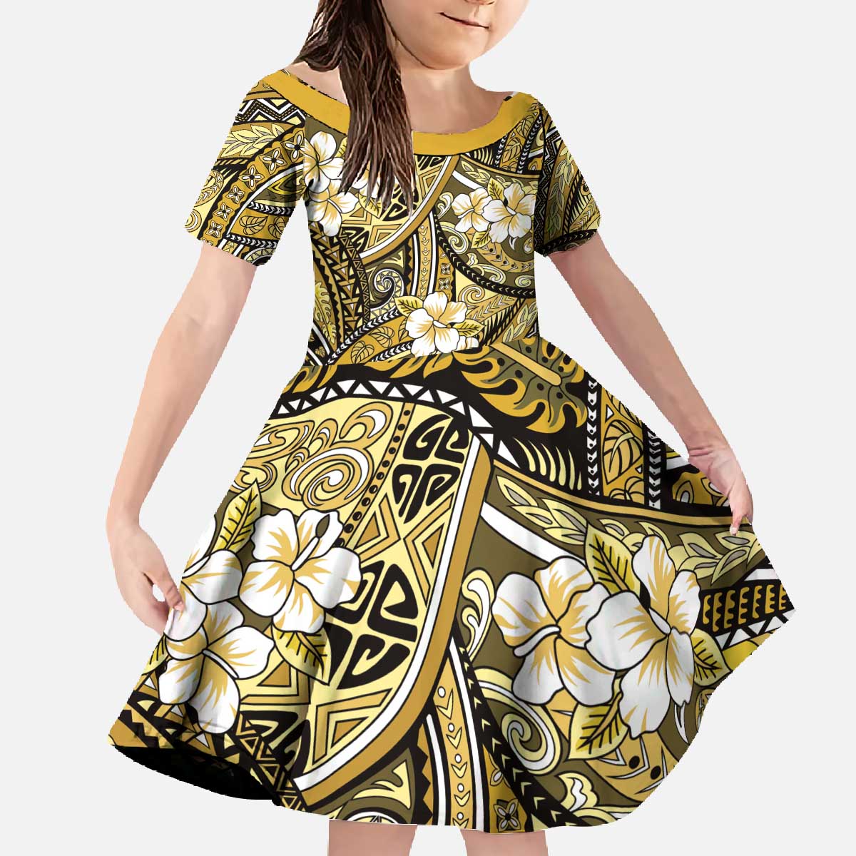 Polynesian Hibiscus Tropical Yellow Floral Family Matching Off The Shoulder Long Sleeve Dress and Hawaiian Shirt Tribal Pattern LT01 Daughter's Dress Yellow - Polynesian Pride