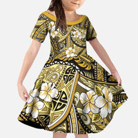 Polynesian Hibiscus Tropical Yellow Floral Family Matching Off The Shoulder Long Sleeve Dress and Hawaiian Shirt Tribal Pattern LT01 Daughter's Dress Yellow - Polynesian Pride