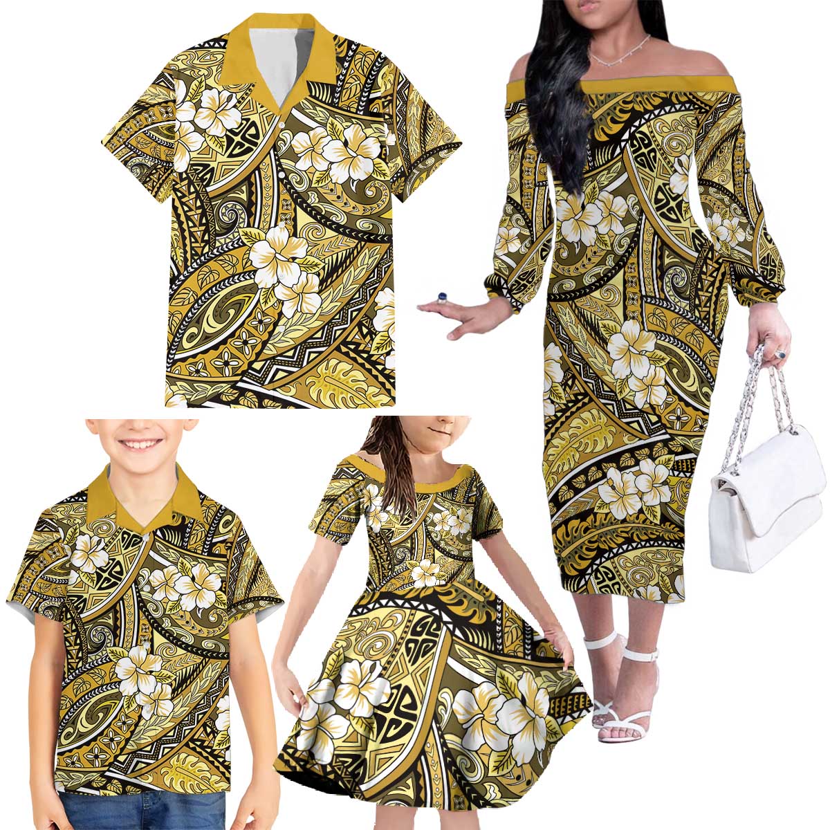 Polynesian Hibiscus Tropical Yellow Floral Family Matching Off The Shoulder Long Sleeve Dress and Hawaiian Shirt Tribal Pattern LT01 - Polynesian Pride