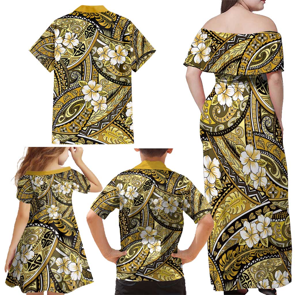 Polynesian Hibiscus Tropical Yellow Floral Family Matching Off Shoulder Maxi Dress and Hawaiian Shirt Tribal Pattern LT01 - Polynesian Pride