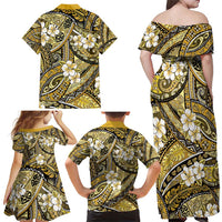 Polynesian Hibiscus Tropical Yellow Floral Family Matching Off Shoulder Maxi Dress and Hawaiian Shirt Tribal Pattern LT01 - Polynesian Pride