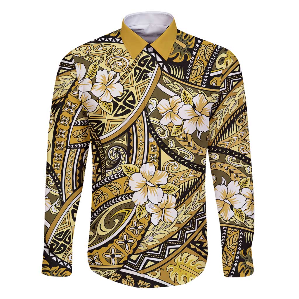 Polynesian Hibiscus Tropical Yellow Floral Family Matching Off Shoulder Maxi Dress and Hawaiian Shirt Tribal Pattern LT01 Dad's Shirt - Long Sleeve Yellow - Polynesian Pride