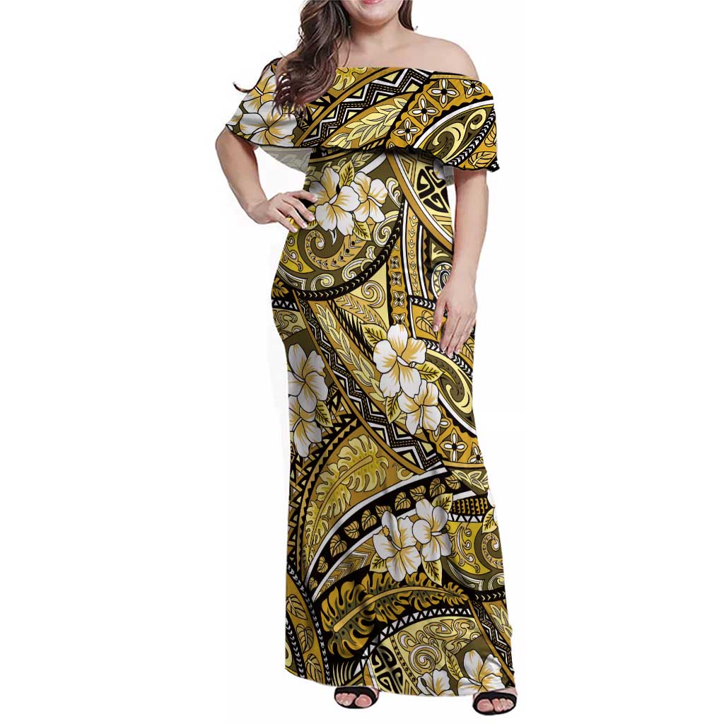 Polynesian Hibiscus Tropical Yellow Floral Family Matching Off Shoulder Maxi Dress and Hawaiian Shirt Tribal Pattern LT01 Mom's Dress Yellow - Polynesian Pride
