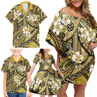 Polynesian Hibiscus Tropical Yellow Floral Family Matching Off Shoulder Short Dress and Hawaiian Shirt Tribal Pattern LT01 - Polynesian Pride