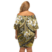 Polynesian Hibiscus Tropical Yellow Floral Family Matching Off Shoulder Short Dress and Hawaiian Shirt Tribal Pattern LT01 - Polynesian Pride