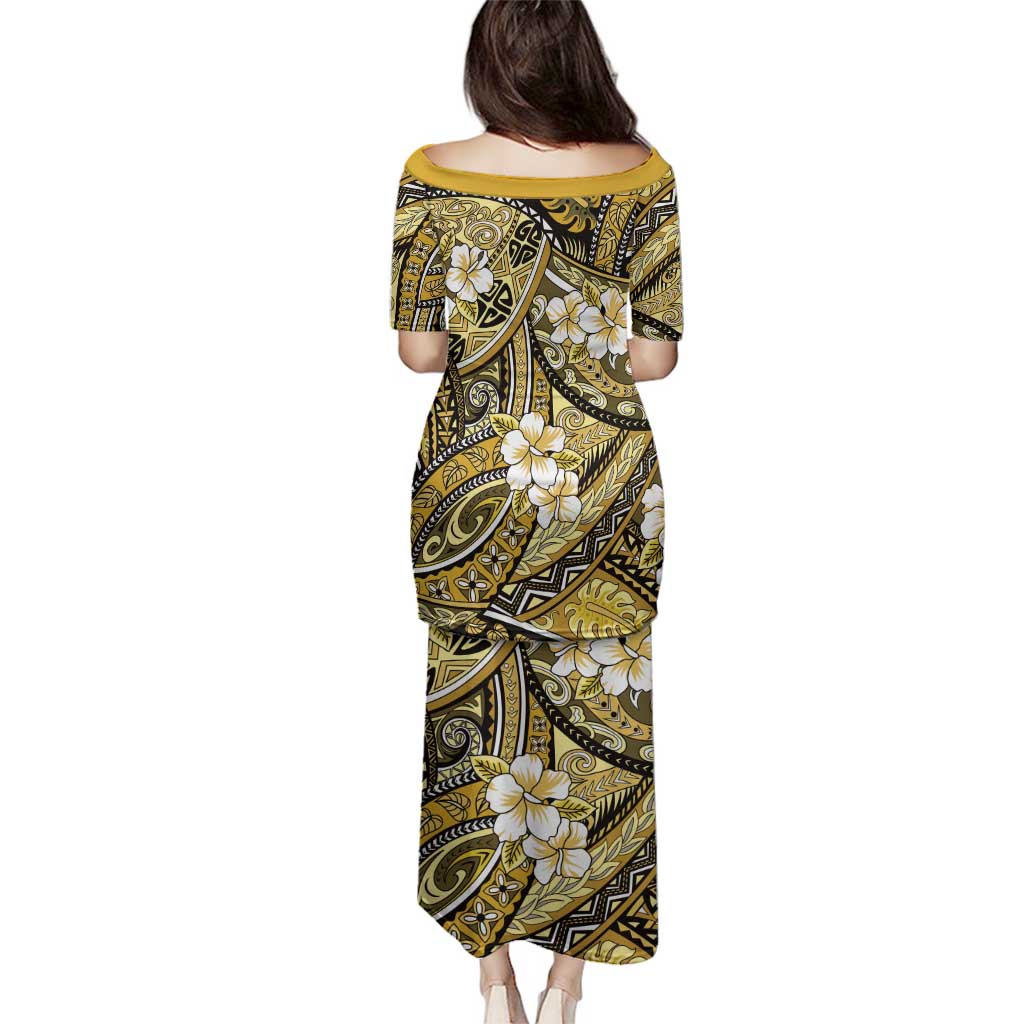Polynesian Hibiscus Tropical Yellow Floral Family Matching Puletasi and Hawaiian Shirt Tribal Pattern - Polynesian Pride