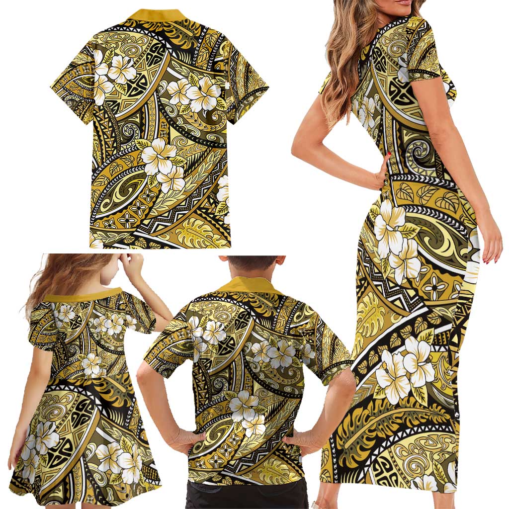 Polynesian Hibiscus Tropical Yellow Floral Family Matching Short Sleeve Bodycon Dress and Hawaiian Shirt Tribal Pattern LT01 - Polynesian Pride