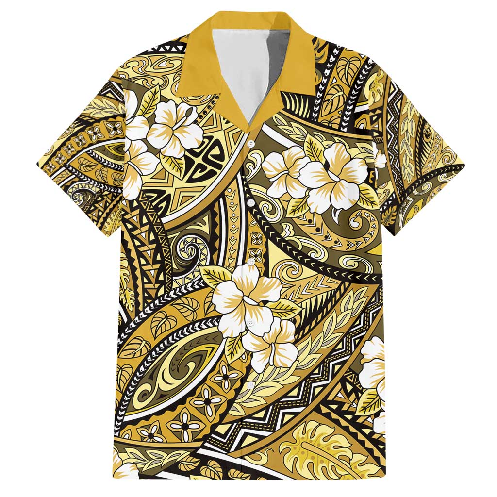Polynesian Hibiscus Tropical Yellow Floral Family Matching Short Sleeve Bodycon Dress and Hawaiian Shirt Tribal Pattern LT01 Dad's Shirt - Short Sleeve Yellow - Polynesian Pride