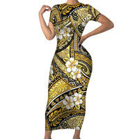Polynesian Hibiscus Tropical Yellow Floral Family Matching Short Sleeve Bodycon Dress and Hawaiian Shirt Tribal Pattern LT01 Mom's Dress Yellow - Polynesian Pride