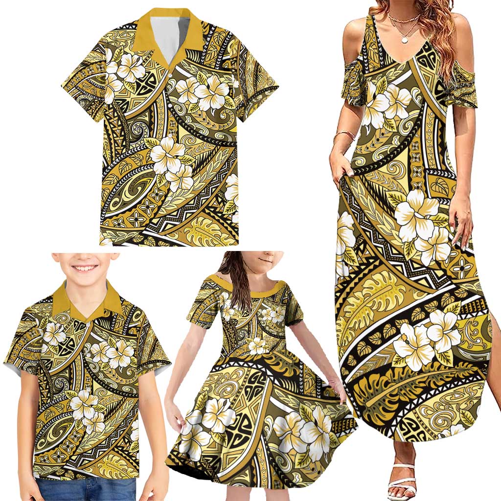 Polynesian Hibiscus Tropical Yellow Floral Family Matching Summer Maxi Dress and Hawaiian Shirt Tribal Pattern LT01 - Polynesian Pride