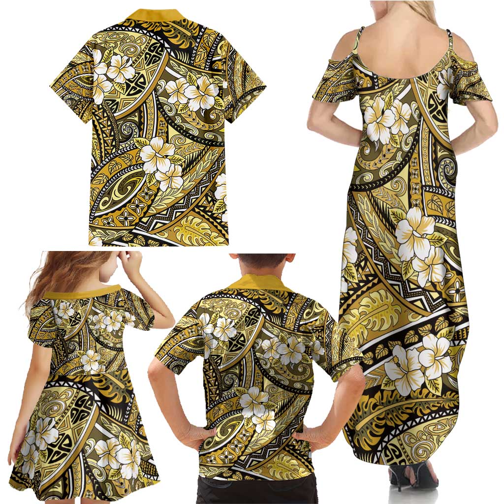 Polynesian Hibiscus Tropical Yellow Floral Family Matching Summer Maxi Dress and Hawaiian Shirt Tribal Pattern LT01 - Polynesian Pride