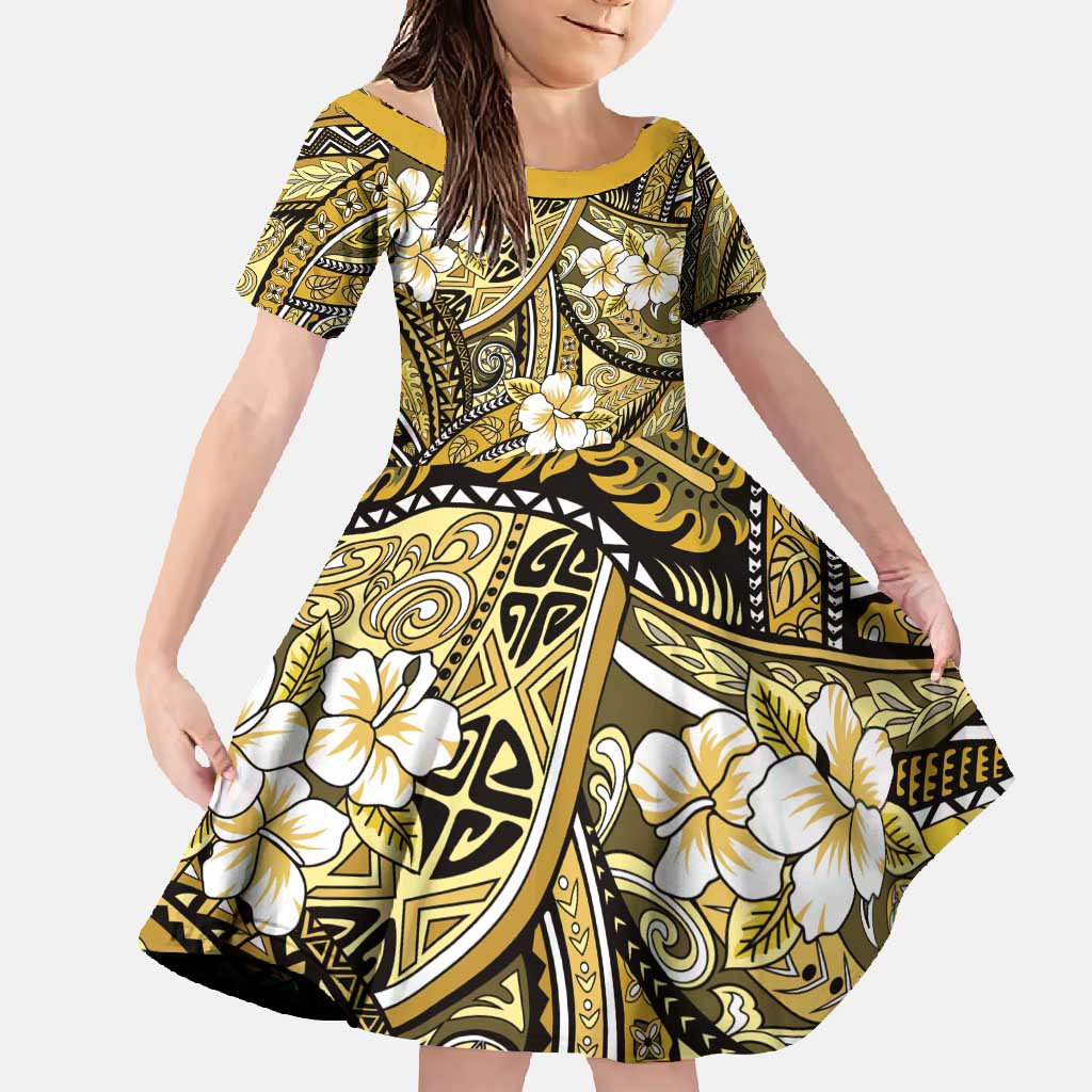 Polynesian Hibiscus Tropical Yellow Floral Family Matching Tank Maxi Dress and Hawaiian Shirt Tribal Pattern LT01 Daughter's Dress Yellow - Polynesian Pride