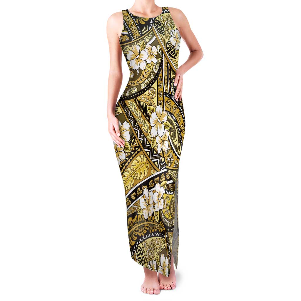 Polynesian Hibiscus Tropical Yellow Floral Family Matching Tank Maxi Dress and Hawaiian Shirt Tribal Pattern LT01 Mom's Dress Yellow - Polynesian Pride