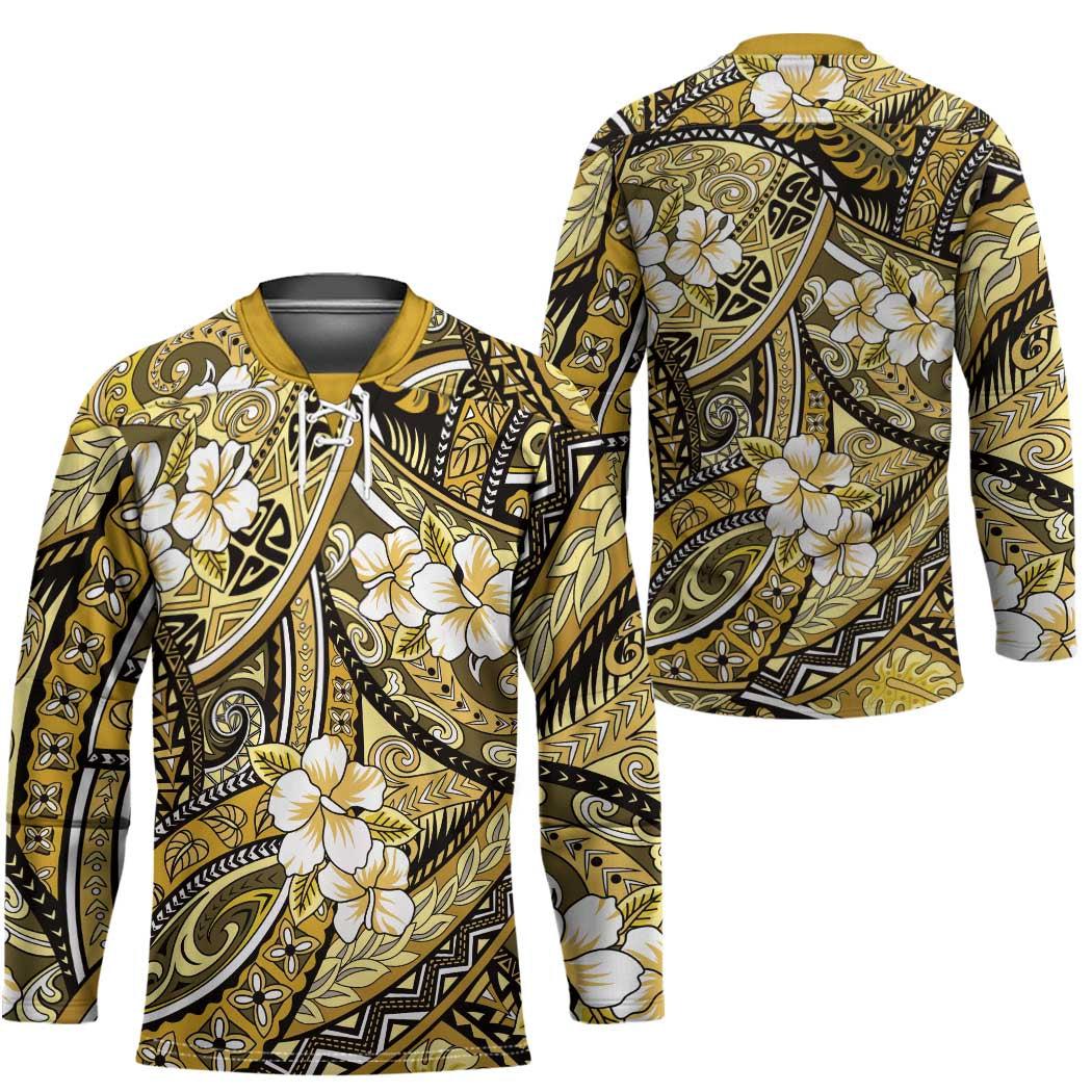 Polynesian Hibiscus Tropical Yellow Floral Hockey Jersey Tribal Pattern - Polynesian Pride