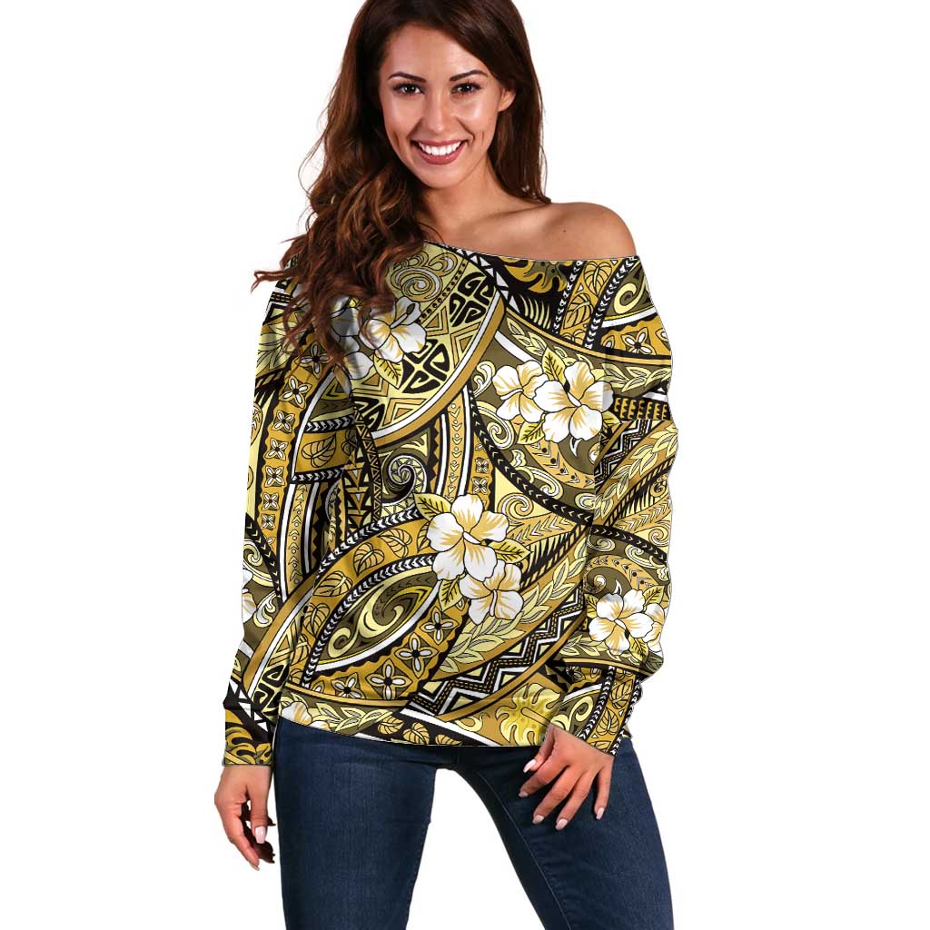 Polynesian Hibiscus Tropical Yellow Floral Off Shoulder Sweater Tribal Pattern LT01 Women Yellow - Polynesian Pride