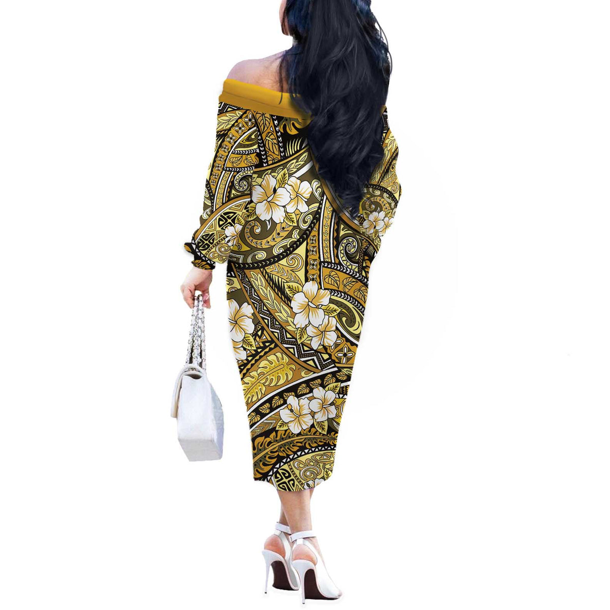 Polynesian Hibiscus Tropical Yellow Floral Off The Shoulder Long Sleeve Dress Tribal Pattern LT01 - Polynesian Pride