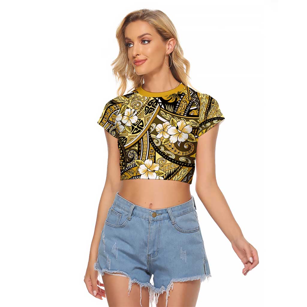 Polynesian Hibiscus Tropical Yellow Floral Raglan Cropped T Shirt Tribal Pattern - Polynesian Pride