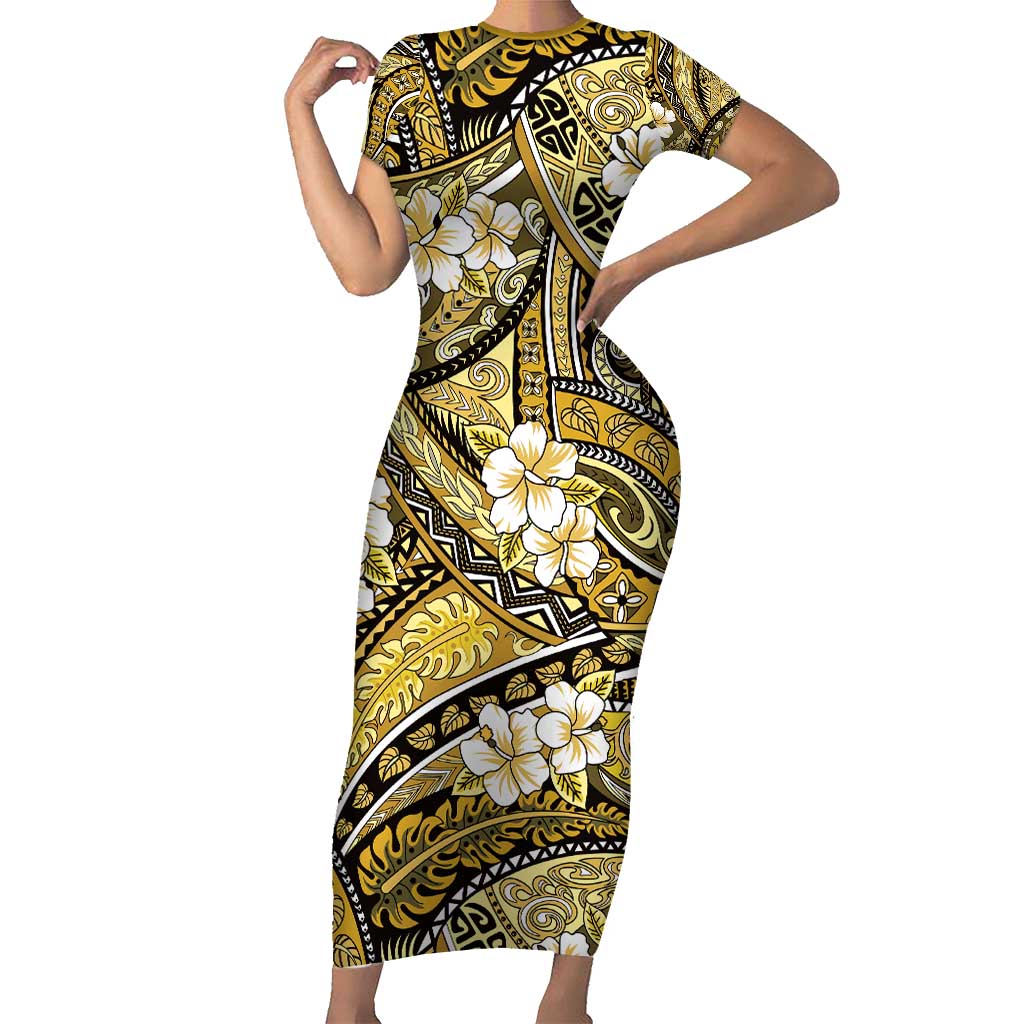Polynesian Hibiscus Tropical Yellow Floral Short Sleeve Bodycon Dress Tribal Pattern - Polynesian Pride