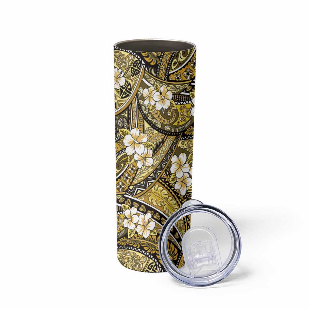 Polynesian Hibiscus Tropical Yellow Floral Skinny Tumbler Tribal Pattern - Polynesian Pride