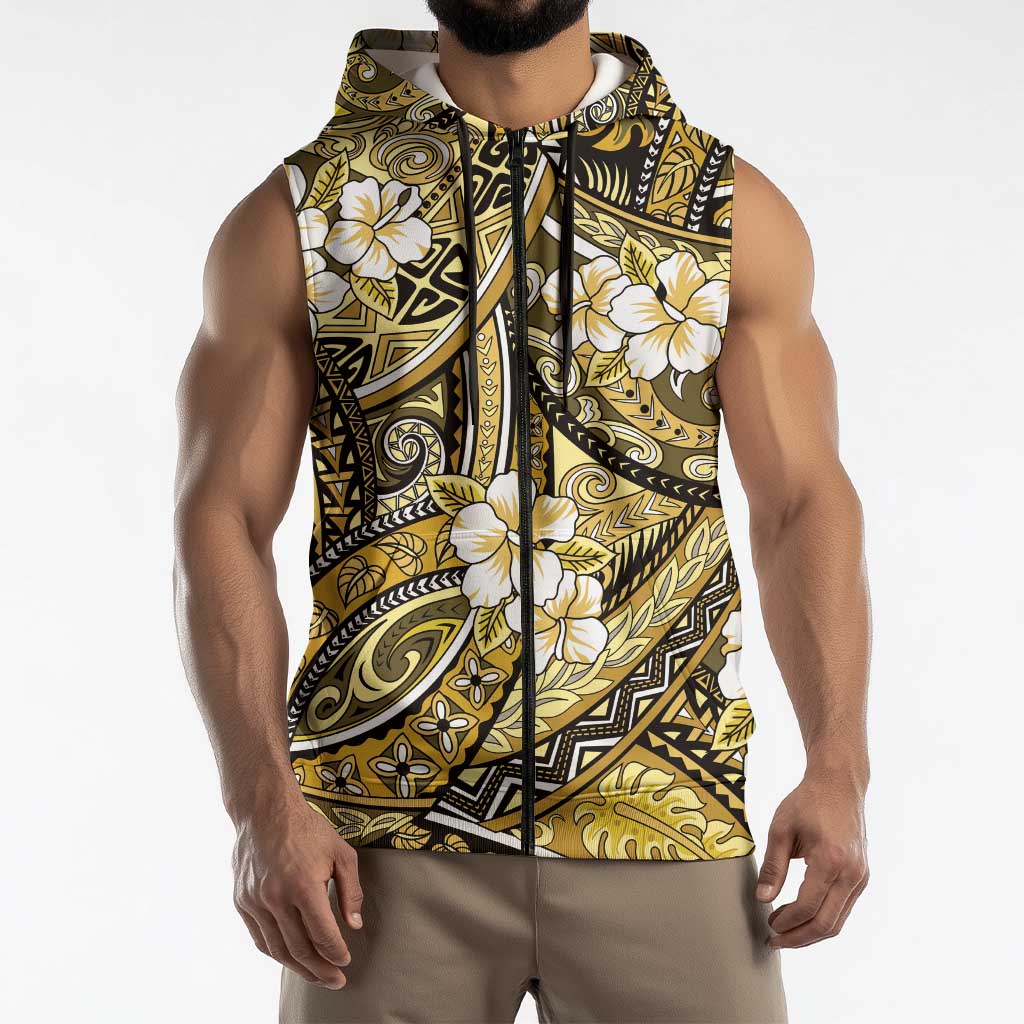 Polynesian Hibiscus Tropical Yellow Floral Sleeveless Zip Hoodie Tribal Pattern - Polynesian Pride