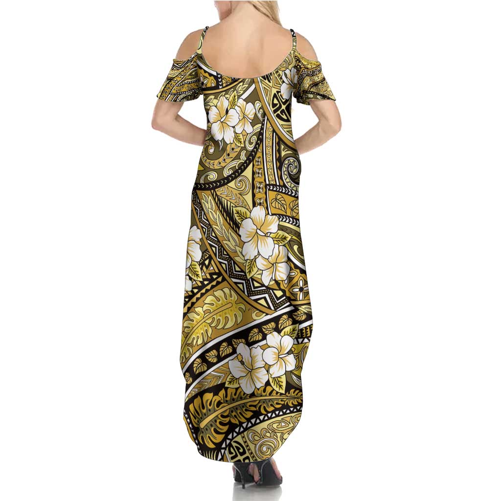 Polynesian Hibiscus Tropical Yellow Floral Summer Maxi Dress Tribal Pattern - Polynesian Pride
