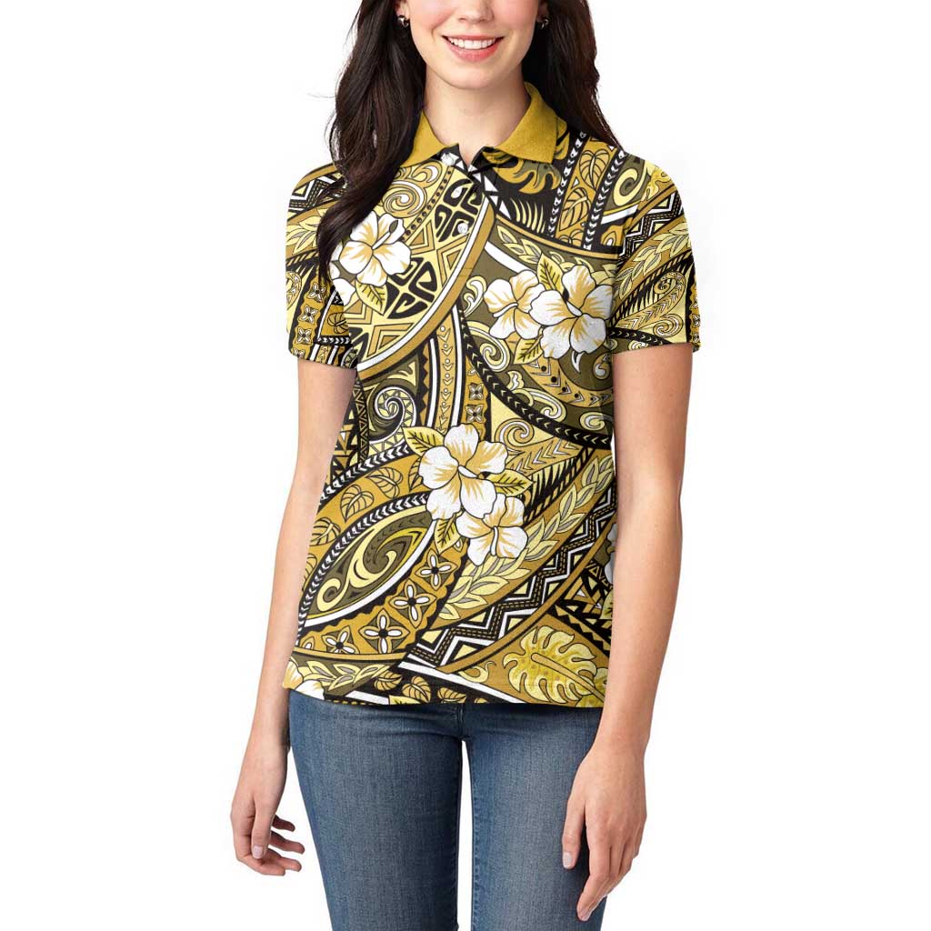 Polynesian Hibiscus Tropical Yellow Floral Women Polo Shirt Tribal Pattern LT01 - Polynesian Pride