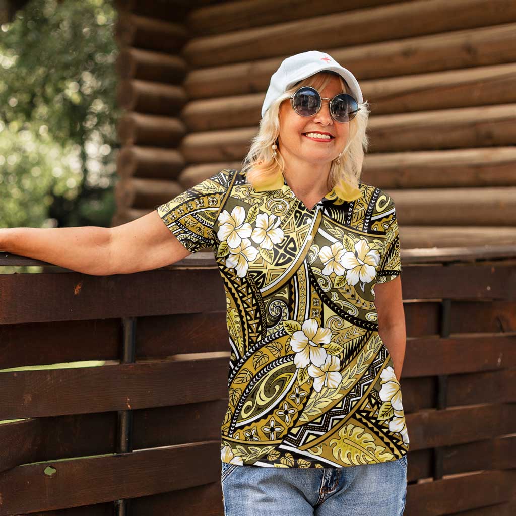 Polynesian Hibiscus Tropical Yellow Floral Women Polo Shirt Tribal Pattern LT01 - Polynesian Pride