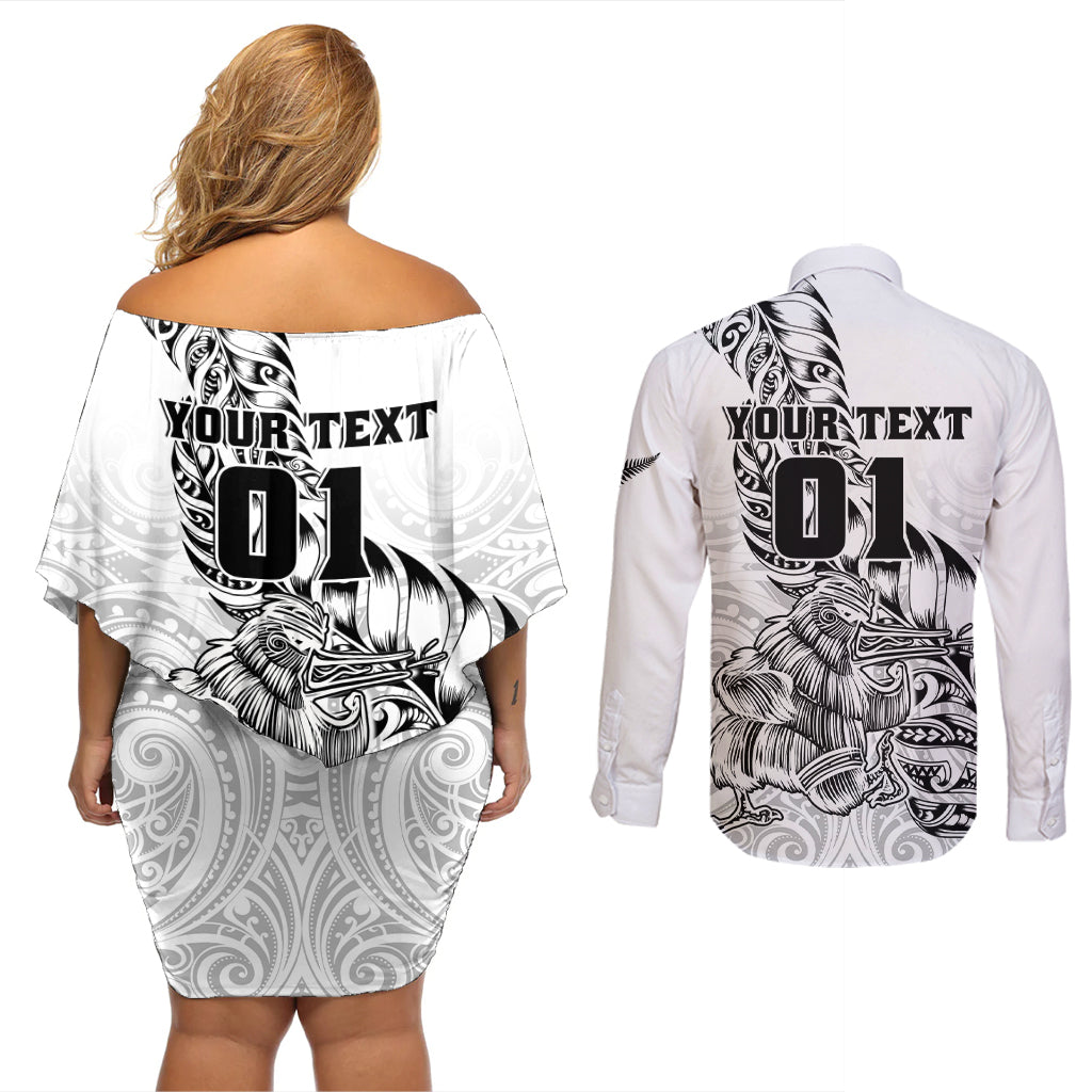 Custom New Zealand Silver Fern Rugby Couples Matching Off Shoulder Short Dress and Long Sleeve Button Shirts Aotearoa Kiwi Maori White Version LT01 - Polynesian Pride