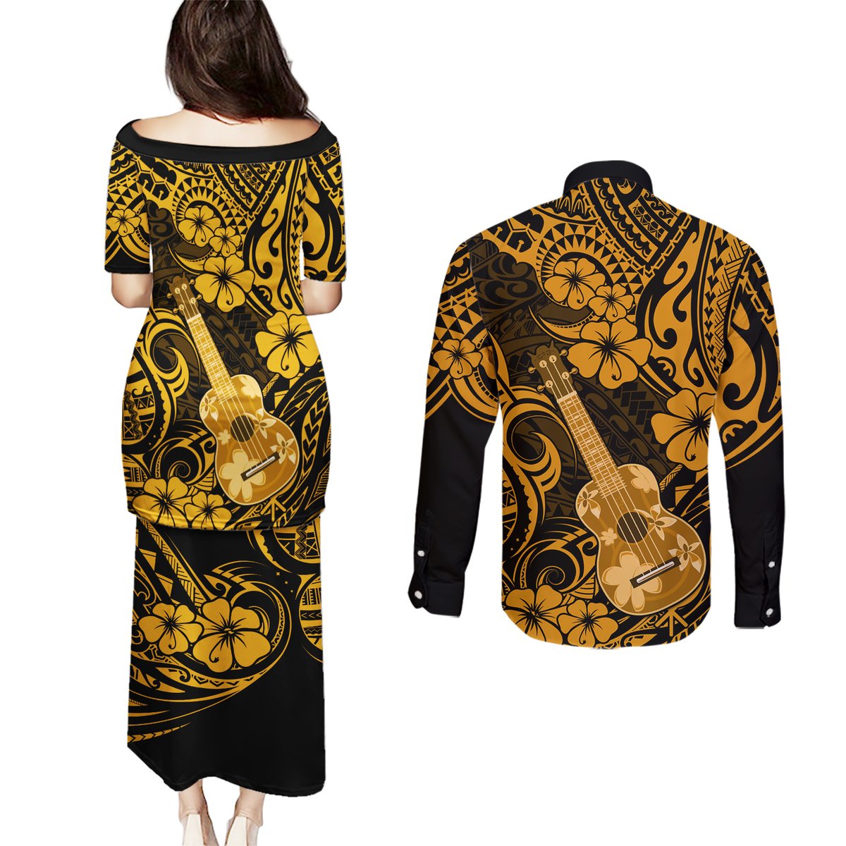 Hawaii Ukulele Couples Matching Puletasi Dress and Long Sleeve Button Shirts Polynesian Pattern Gold Version LT01 - Polynesian Pride