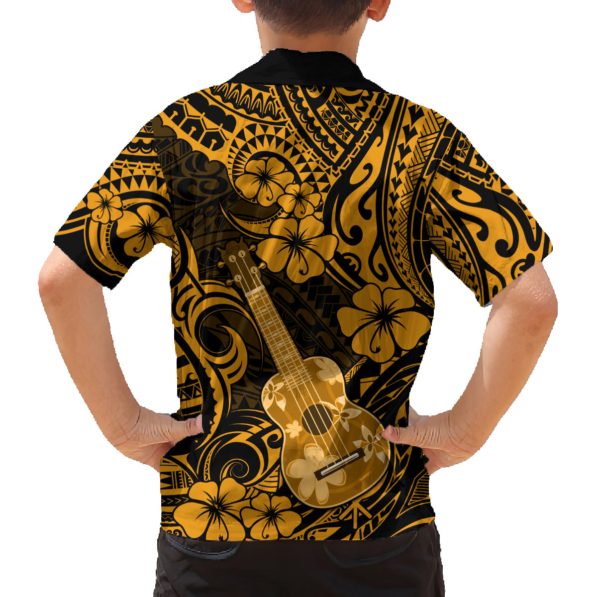 Hawaii Ukulele Family Matching Off Shoulder Long Sleeve Dress and Hawaiian Shirt Polynesian Pattern Gold Version LT01 - Polynesian Pride