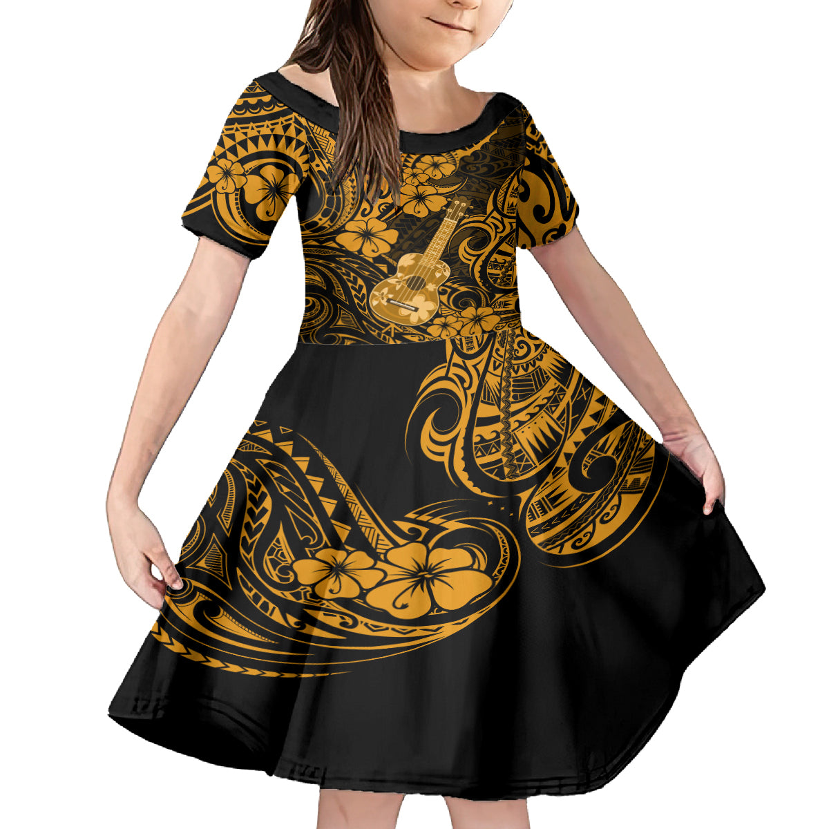 Hawaii Ukulele Kid Short Sleeve Dress Polynesian Pattern Gold Version LT01 KID Gold - Polynesian Pride