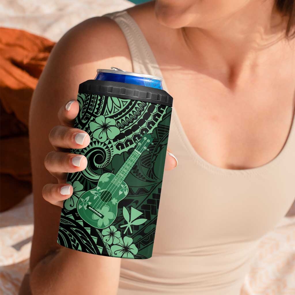 Hawaii Ukulele 4 in 1 Can Cooler Tumbler Polynesian Pattern Green Version
