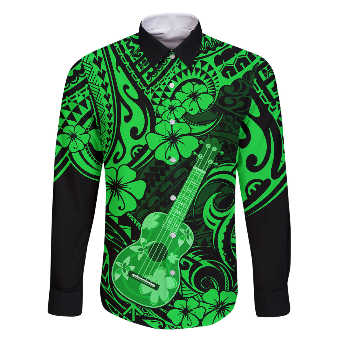 Hawaii Ukulele Family Matching Off Shoulder Maxi Dress and Hawaiian Shirt Polynesian Pattern Green Version LT01 Dad's Shirt - Long Sleeve Green - Polynesian Pride
