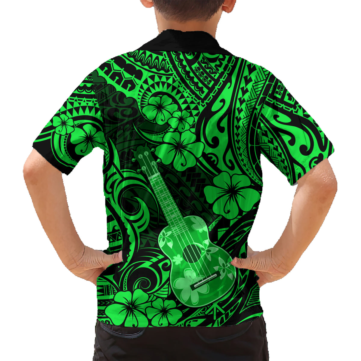 Hawaii Ukulele Kid Hawaiian Shirt Polynesian Pattern Green Version LT01 - Polynesian Pride
