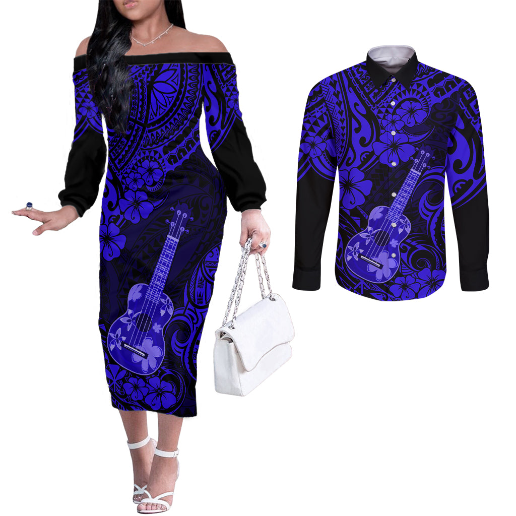 Hawaii Ukulele Couples Matching Off The Shoulder Long Sleeve Dress and Long Sleeve Button Shirts Polynesian Pattern Navy Blue Version LT01 Blue - Polynesian Pride