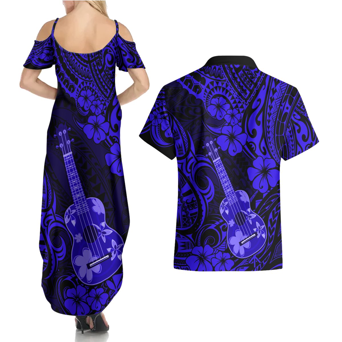Hawaii Ukulele Couples Matching Summer Maxi Dress and Hawaiian Shirt Polynesian Pattern Navy Blue Version LT01 - Polynesian Pride