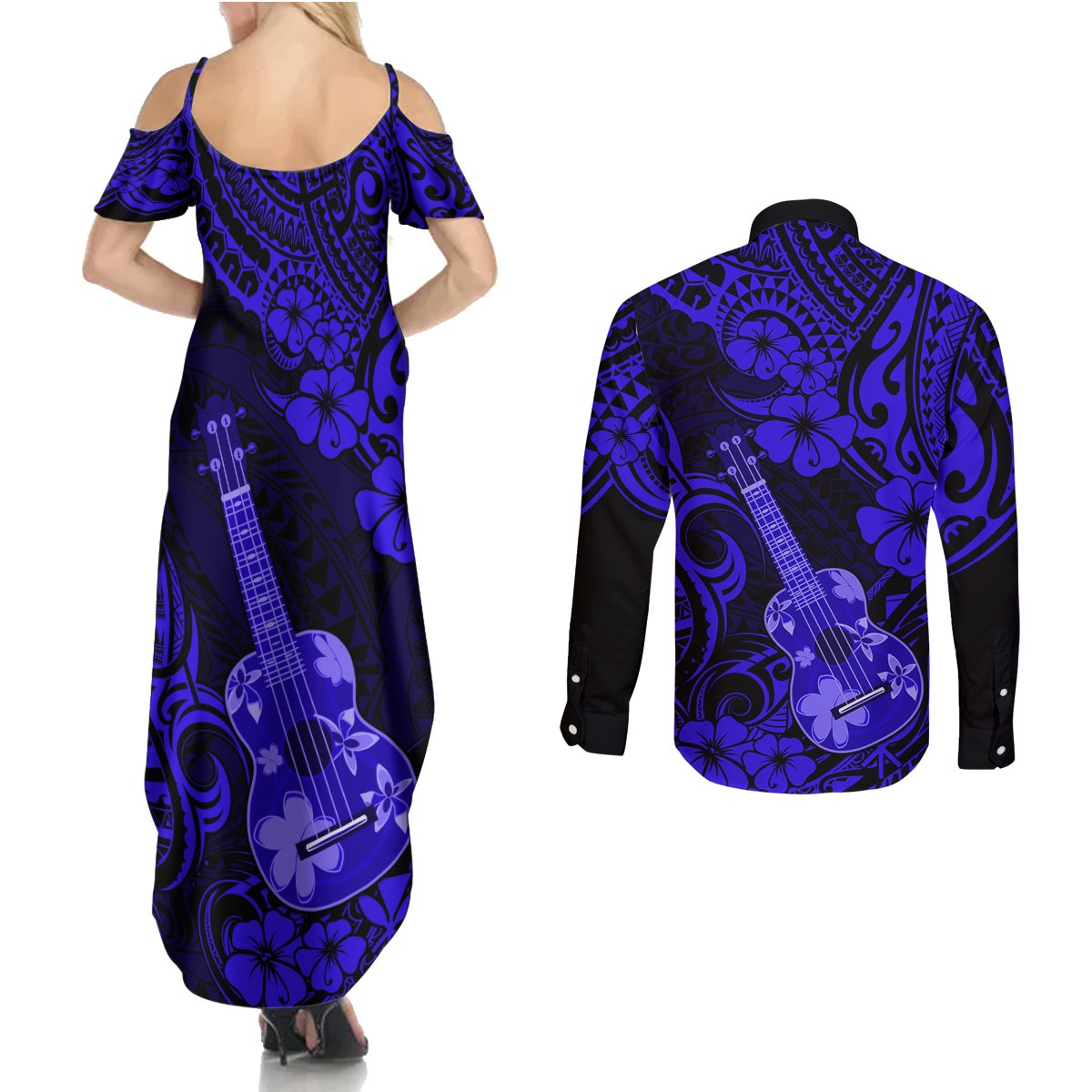 Hawaii Ukulele Couples Matching Summer Maxi Dress and Long Sleeve Button Shirts Polynesian Pattern Navy Blue Version LT01 - Polynesian Pride
