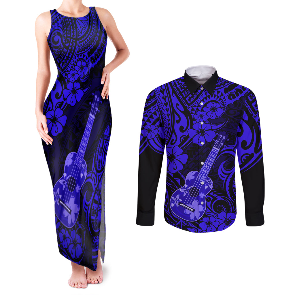 Hawaii Ukulele Couples Matching Tank Maxi Dress and Long Sleeve Button Shirts Polynesian Pattern Navy Blue Version LT01 Blue - Polynesian Pride