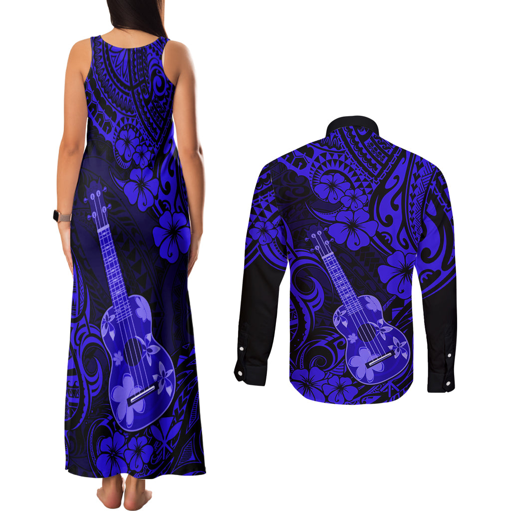 Hawaii Ukulele Couples Matching Tank Maxi Dress and Long Sleeve Button Shirts Polynesian Pattern Navy Blue Version LT01 - Polynesian Pride