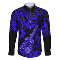 Hawaii Ukulele Family Matching Summer Maxi Dress and Hawaiian Shirt Polynesian Pattern Navy Blue Version LT01 Dad's Shirt - Long Sleeve Blue - Polynesian Pride